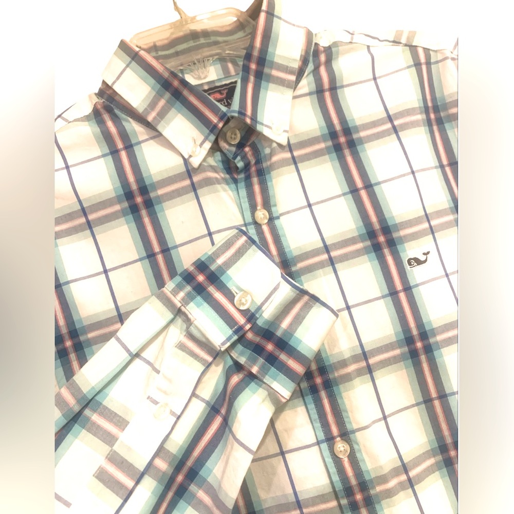 Vineyard Vines Whale Shirt Button Dn Picket Plaid White Teal Men Slim Fit Size M